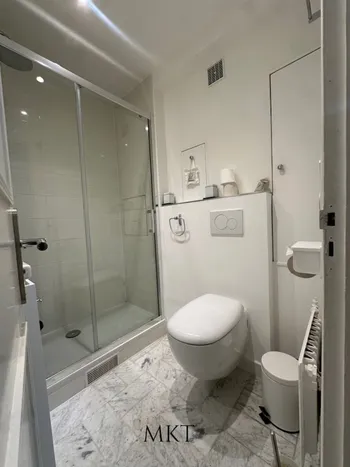 Marble-tiled shower with modern toilet